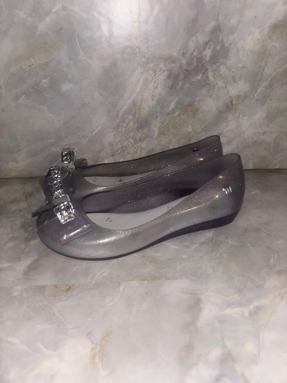 Mini Melissa silver Glitter Bow Peep-Toe Jelly Flats